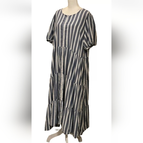 Old Navy Striped Puff Sleeve Tiered Cotton Pockets Button Front Dress Sz XXL - Picture 6 of 12